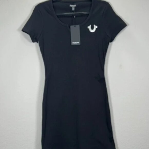 True Religion Tee Dress Bodycon Mini‎ Short Sleeve Logo Black S - Picture 1 of 6